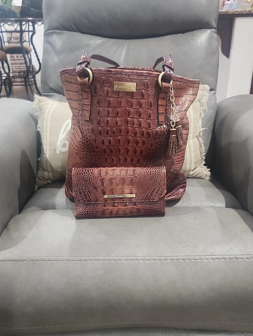 Brahmin Cognac Croc-Embossed Leather Tote with Matching Wallet - Picture 1 of 11